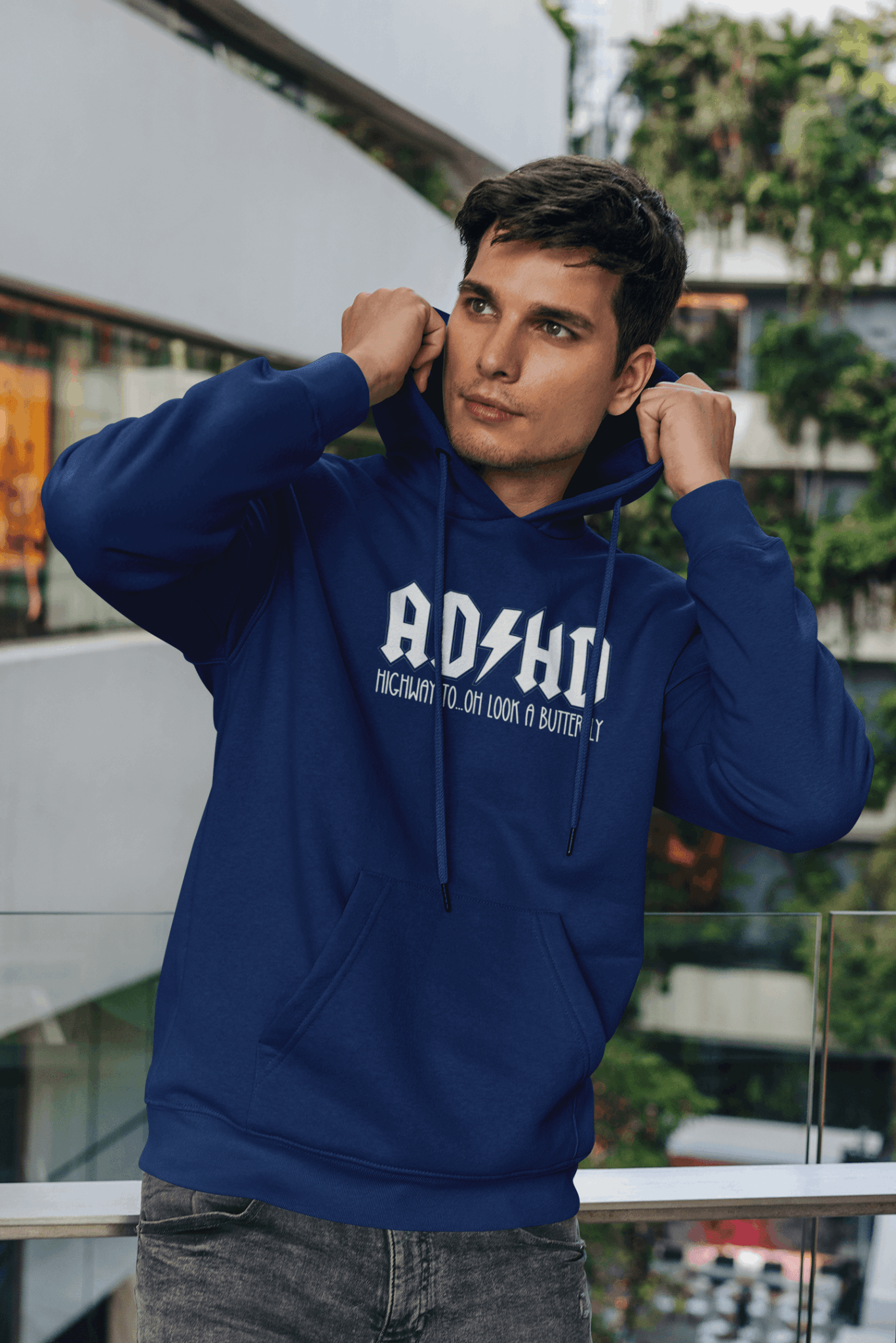 Duwweltjie® Foolstop - "ADHD Highway to...oh look a butterfly" Men's Hoodie - Duwweltjie