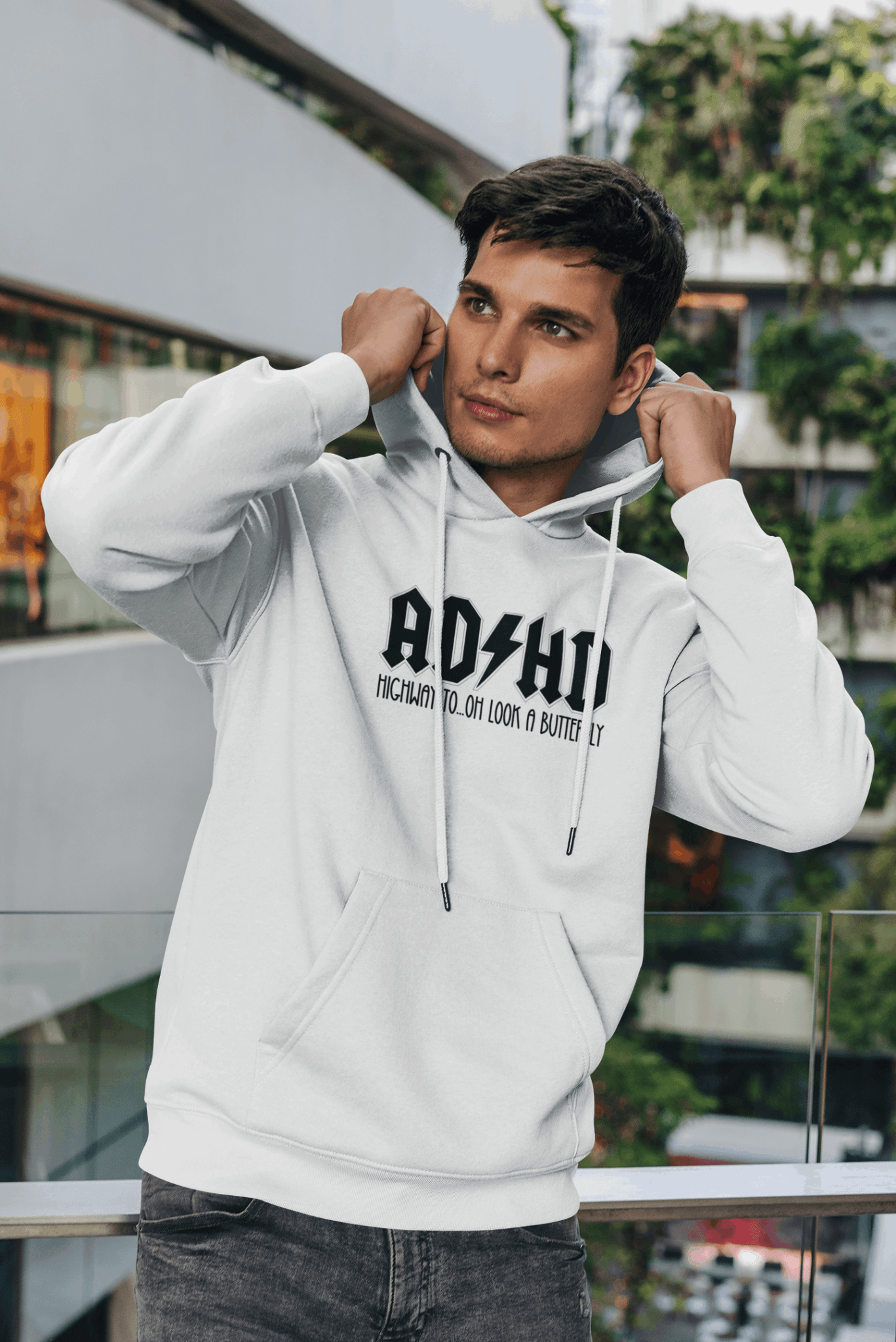Duwweltjie® Foolstop - "ADHD Highway to...oh look a butterfly" Men's Hoodie - Duwweltjie