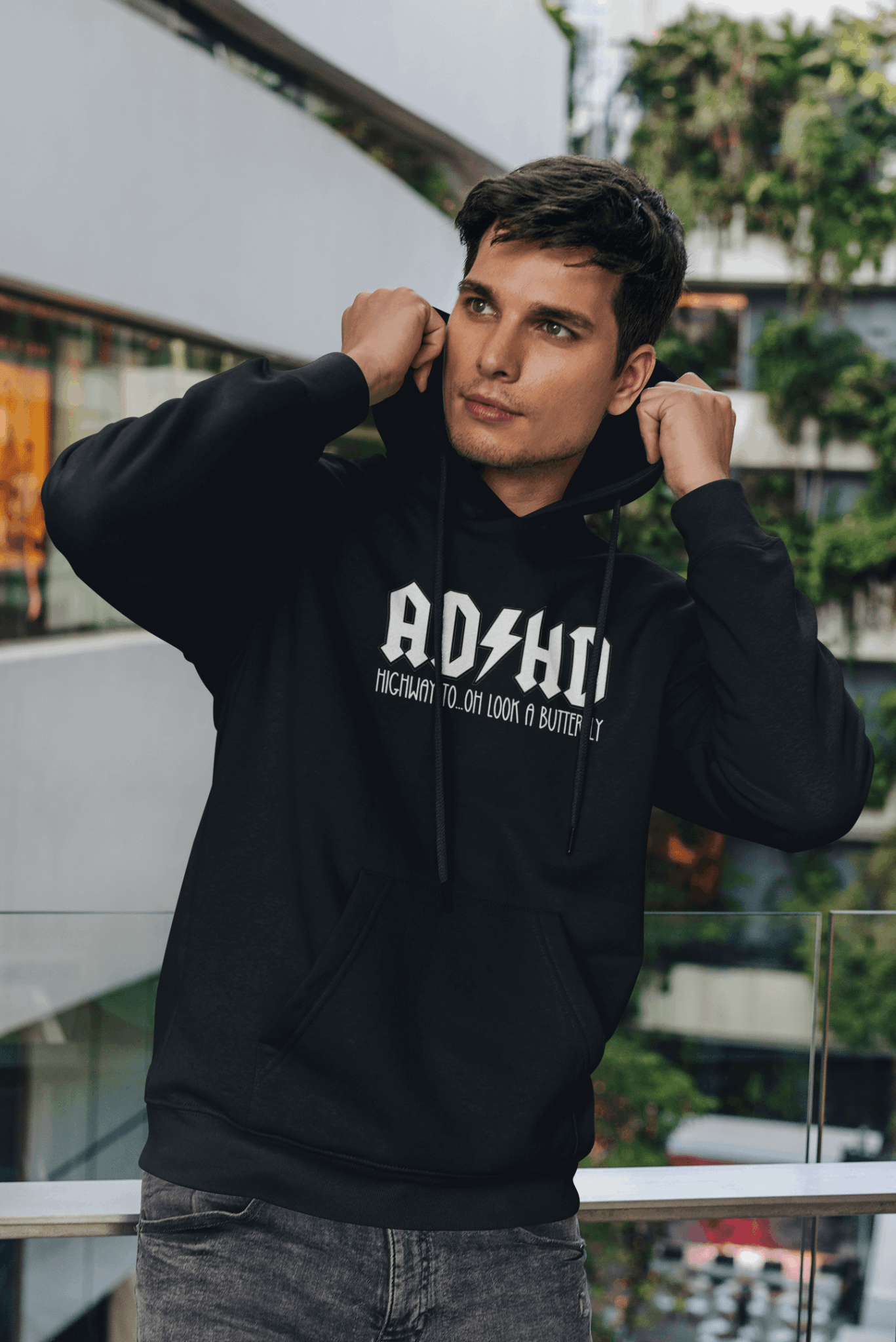 Duwweltjie® Foolstop - "ADHD Highway to...oh look a butterfly" Men's Hoodie - Duwweltjie